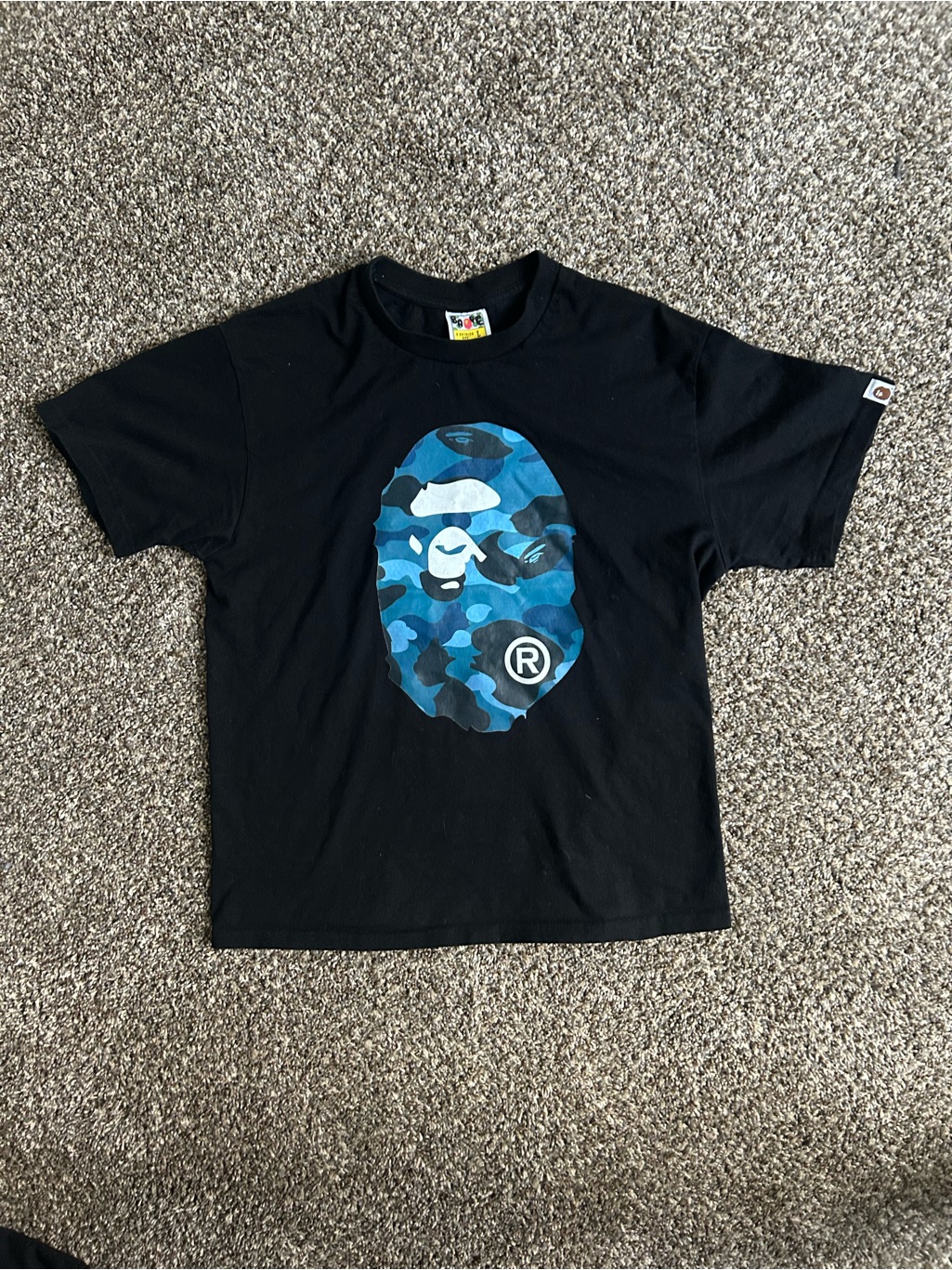 Bape Black Tee With Green Camo Tag And Red Ape Logo Bape Black Tee With Green Camo Tag And Red Ape Logo